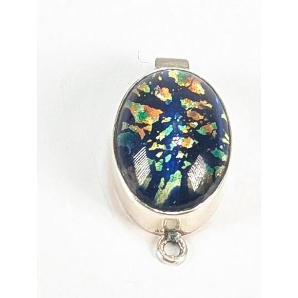 925 Sterling Silver Dichroic Glass Pendant Blue Orange Green Multicolor 1-1/2" - Picture 1 of 7